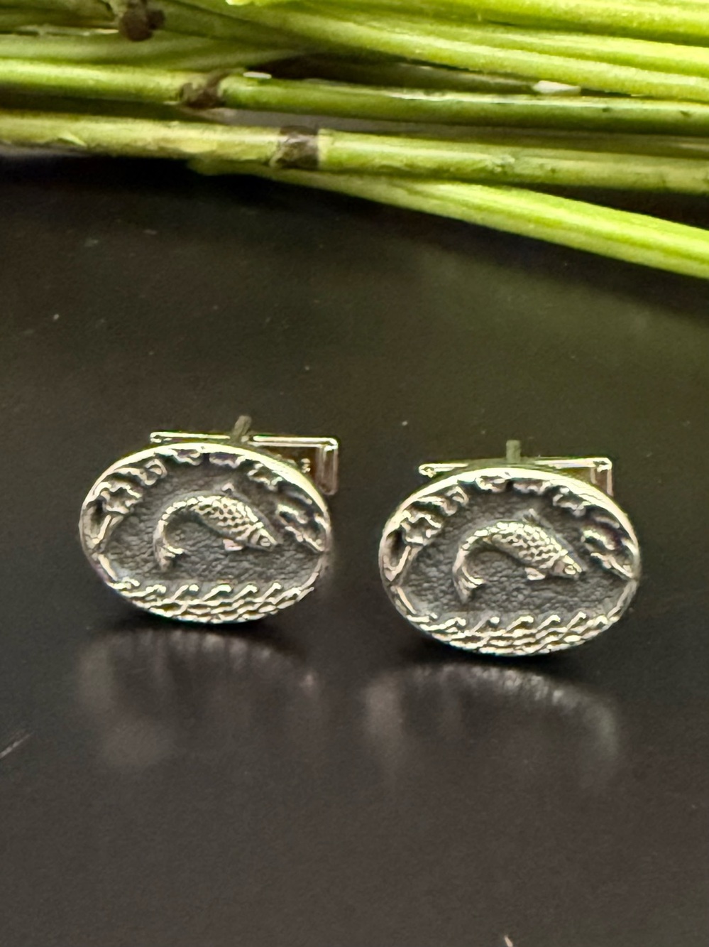 Vintage SARAH COVENTRY Silver-tone Embossed Fish in Waves Motif Cufflinks